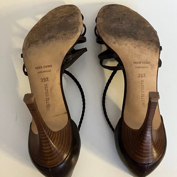 Vintage Manolo Blahnik brown braided leather strappy open toe stiletto heels - Picture 13 of 16